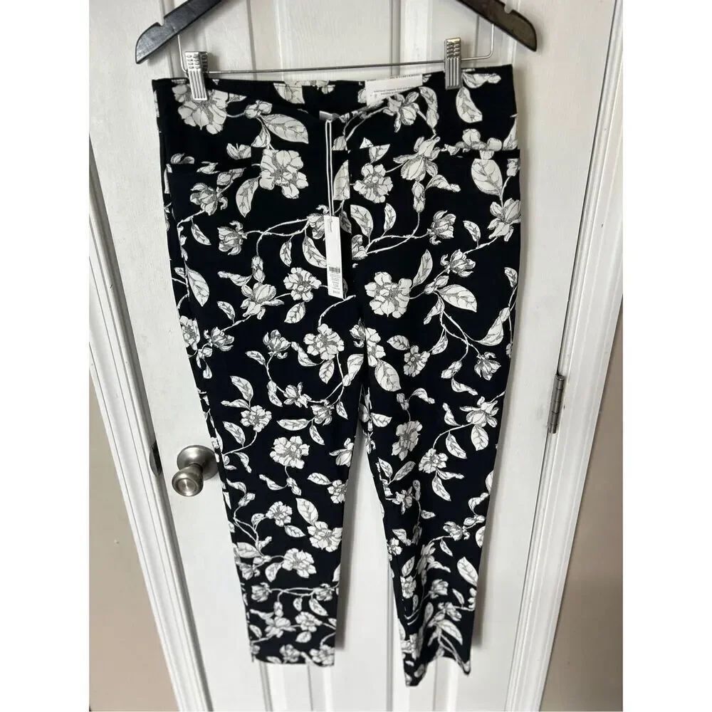 Chicos NWT slip on back ankle dress pants flowery black & white work attire sz10